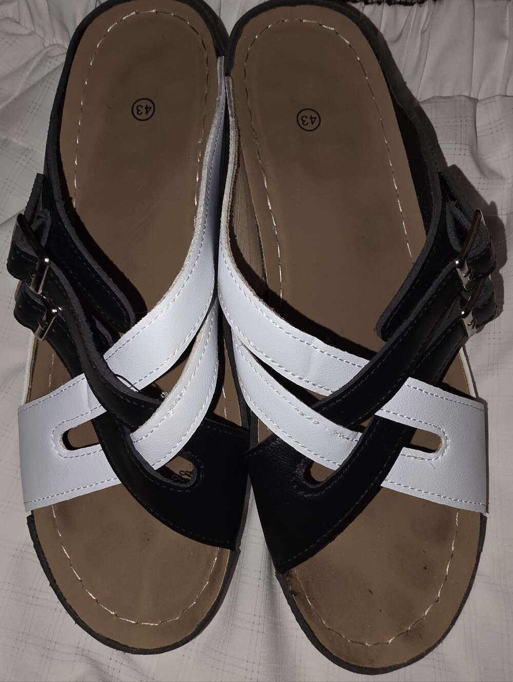 Black and White Faux Leather Buckle Slide Sandals Eur43 US 10